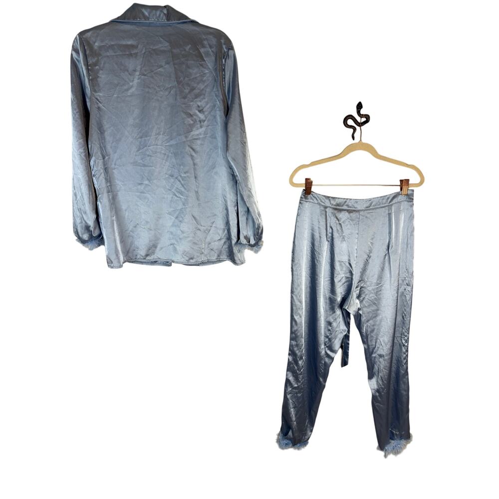 Womens Long Sleeve Silky Satin Fur Trim Pajama Set Sleepwear Loungewear S - Picture 11 of 16